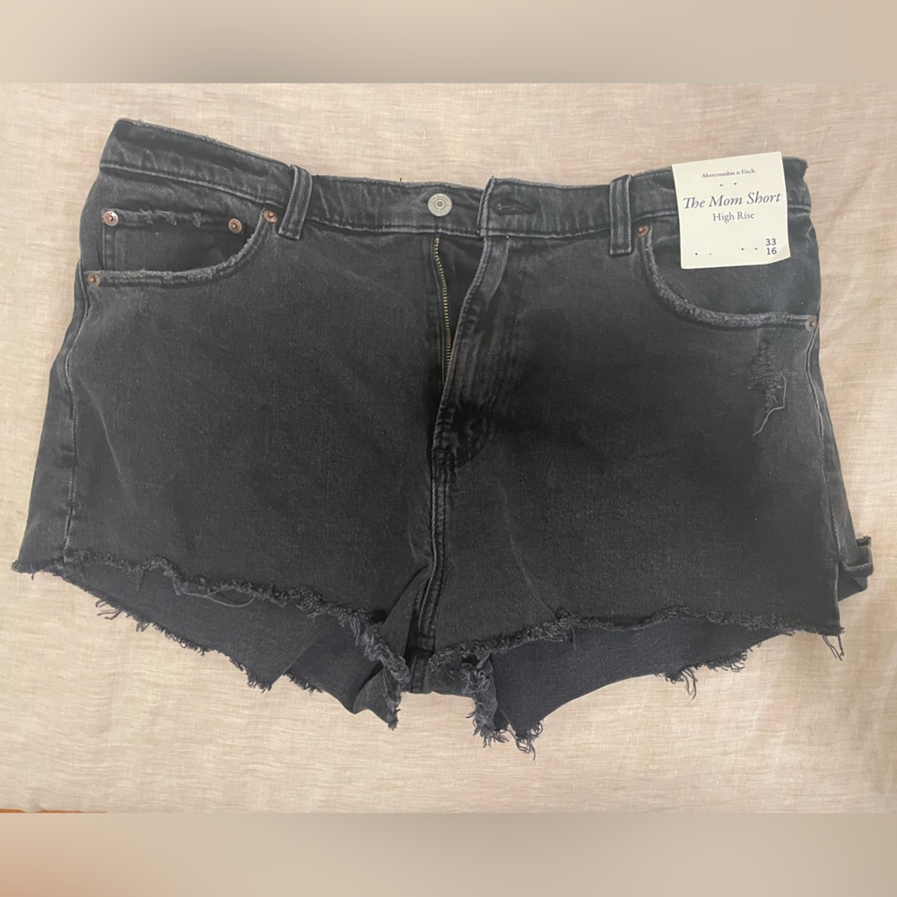Abercrombie and Fitch, “The Mom Short” high rise black wash denim shorts